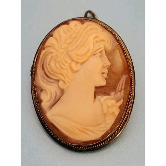 Victorian Sterling Cameo Brooch 925 CARVED SHELL Lady Portrait PIN PENDANT - Picture 1 of 3